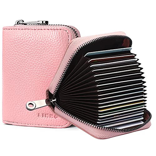 Image of Credit Card Case Wallet RFID Blocking Card Holder for Women or Men Genuine Leather Small Accordion Wallet with zipper Pink Black