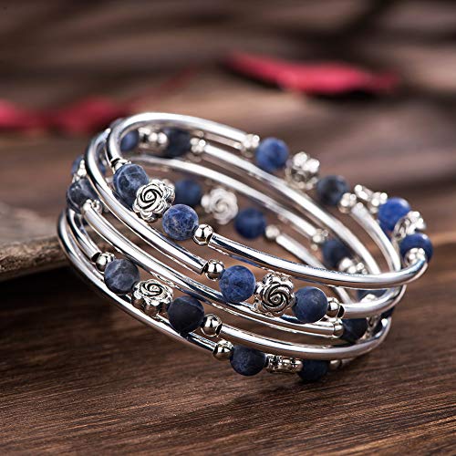 Bulinlin Wrap Bangle Rose Bead Bracelet - Beaded Bracelet With Natural Agate Stone Gifts For Women Girls (12-Navy Blue) #TOP1
