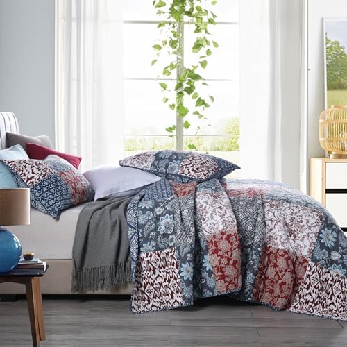 Secgo Queen Comforter Set for Bed - 100% Cotton Quilts Queen Size, Burgundy Bedspreads (90 * 98 Inch) with 2 Pillow Shams, Patchwork Reversible Lightweight Bedding