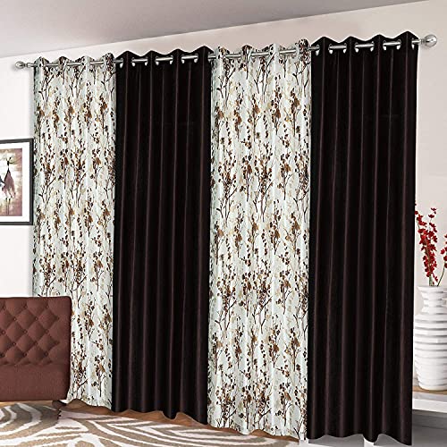 Image of 8 Feet Polyester Floral Light Filtering Long Door Curtains for Living Room, Bedroom & Hall, Eyelet Top, Coffee Printed and Solid Plain Curtain Set of 4