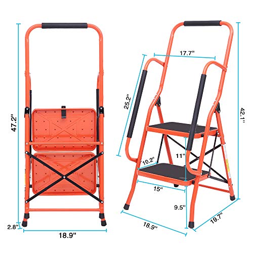 LUISLADDERS Folding 2-Step Safety Step Ladder Padded Side Handrails Portable Heavy Duty Ladders for Kitchen, Home and Office 330lbs