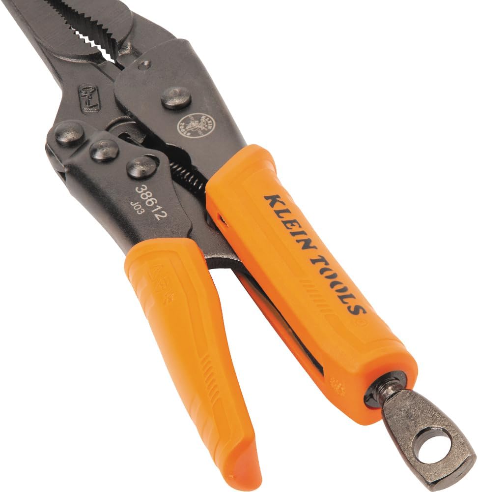 Klein Tools 38612 Long Nose Locking Pliers with Quick Release Handles, Ideal for Tight Spaces, High Torque and Gripping Power, 9-Inch