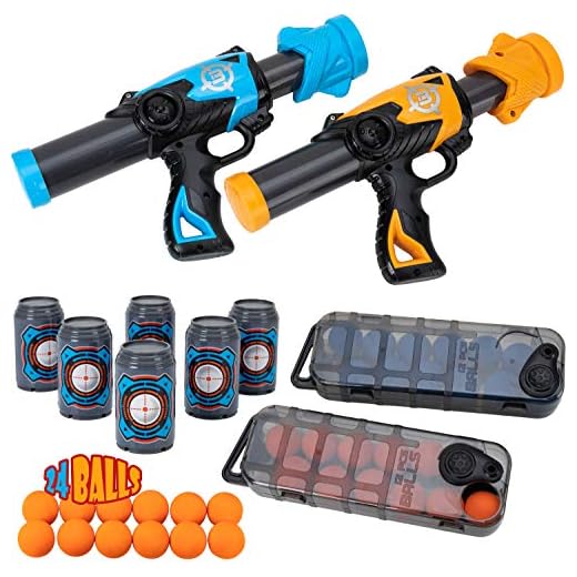 JOYIN Quantum Strike Betatron Foam Ball Blaster Shooting Game, 2 Foam Ball Popper Air Toy Guns, 6 Shooting Target Cans and 24 Foam Balls, Ideal Gift 2 Player Toy Guns for Boys Indoor Outdoor Play