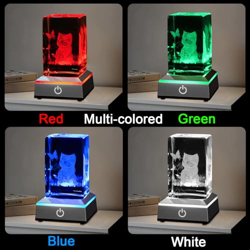 Image of 3D Crystal Night Light with Multicolor LED Base Glass Laser Engraved Cat Figurine Gift for Women Cat Lovers Birthday Christmas Room Decor