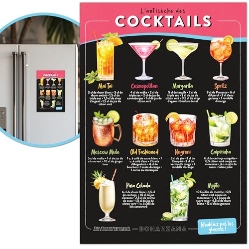 Bonanzana - L’Antisèche des Cocktails - Aimant Frigo avec Recettes Cocktails - Pense-Bête Réfrigérateur Magnétique - Mojito, Spritz - Affiche Cadeau...