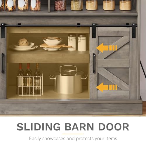 DWVO Farmhouse Buffet Cabinets, 47" Coffee Bar with Goblet Holder & Power Outlet, Sliding Barn Door Sideboard Cabinet for Kitchen & Living Room Storage (Rustic Grey Oak)
