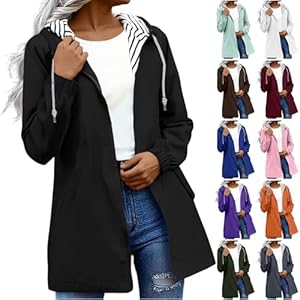 RLEHJN Veste Imperméable Femme Manteau Long Imperméable Femmes Trench Capuche À La Mode Coupe Vent Couleur Unie avec Zippé Veste De Sport D'extérieur Vetement Femme Grande Taille Pas Cher