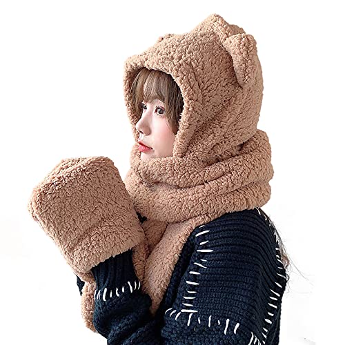 3 in 1 Winter Hats Gloves Scarf Sets Cartoon Bear Ear Shape Warm Hat Gloves Pocket Earflap Hat Long Scarf for Girls3