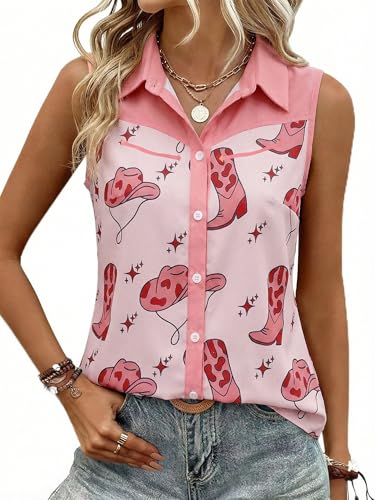 SFHFY Western Sleeveless Button Down Shirts Women Retro Cowgirl Tank Cowboy Boots Blouse Casual Summer Vacation Top Pink