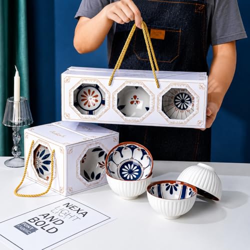 Image of YELONA Japanese Style Ceramic Bowl Set of 6 with Gift Box | Serving, Snack, Dessert & Rice | 300ML Microwave Safe Bowls | Dishwasher Safe | Ceramic Set for Gifitng (Olive & Ocean)