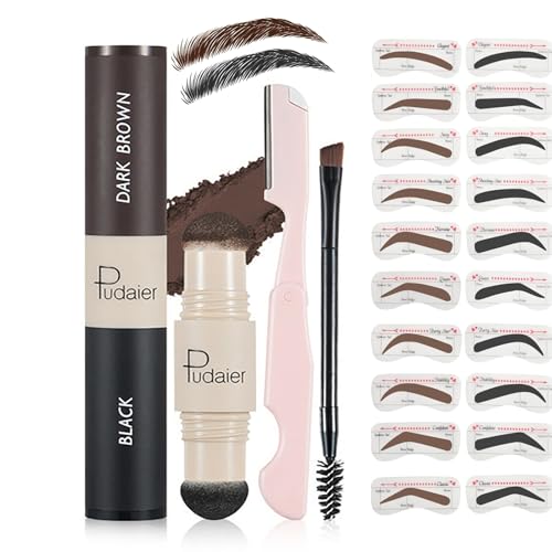 Holzsammlung 2 en 1 Sellos de Cejas, Plantilla Cejas,Sello De Cejas Impermeable, Con 10 Plantillas Para Cejas, Cepillo Para Cejas Y Recortador Para Cejas(MarróN Oscuro+Negro)