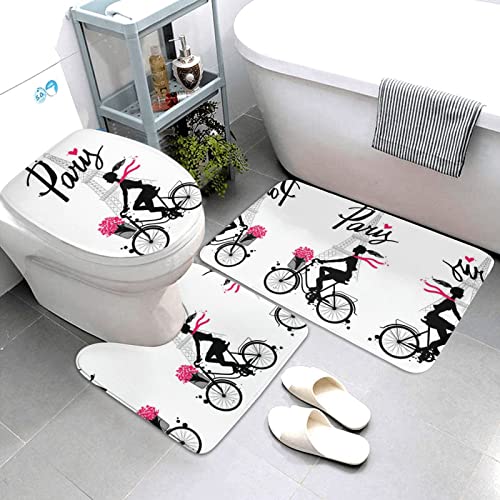 Paris Eiffelturm Mädchen Fahrradteppich Matten Pads Badteppich Set 3 Stück + Konturteppich + Toilettendeckelbezug – Bild 4