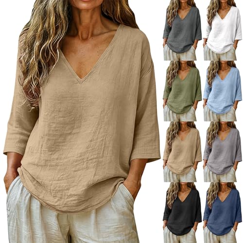 Travel Clothes for Women Over 60 Womens Summer Tops Casual Linen Cotton Tunic Blouse 3/4 Sleeve...