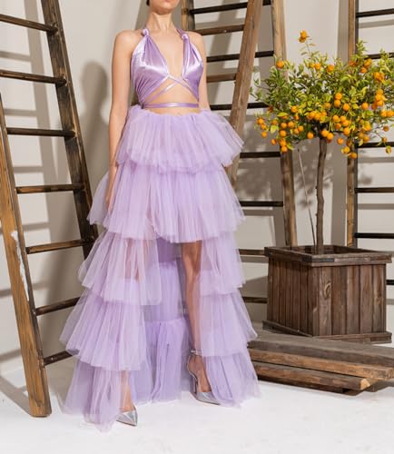 Women's Rave Skirt High Low Layered Mesh Tutu Tulle Long Skirts Elastic Waist Festival Party Wedding Dress Bottoms (Purple, One Size)3