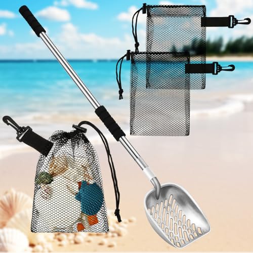 Gisafai 3 Pcs Heavy Duty Sand Flea Rake Beach Sand Sifter Shovel with Mesh Beach Bag Mesh Dipper with Removable Handle Drawstring Bag with Clip Shell Collecting Filter Scooper for Picking up Shells