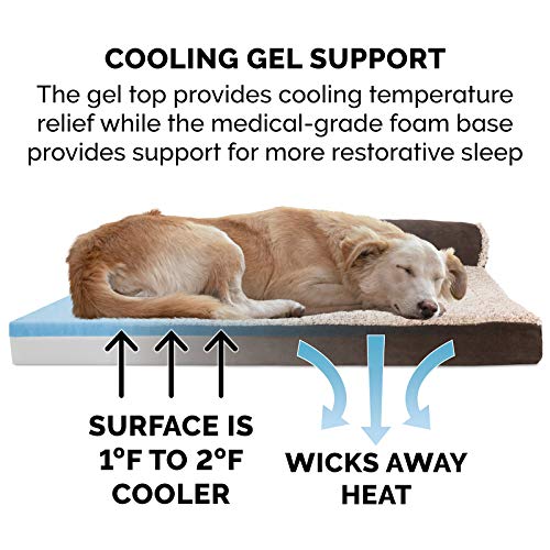 Image of Furhaven Cooling Gel Dog Bed for Large /Medium Dogs w / Removable Bolsters & Washable Cover, For Dogs Up to 55 lbs - Two-Tone Plush Faux Fur & Suede L Shaped Chaise - Espresso, Large