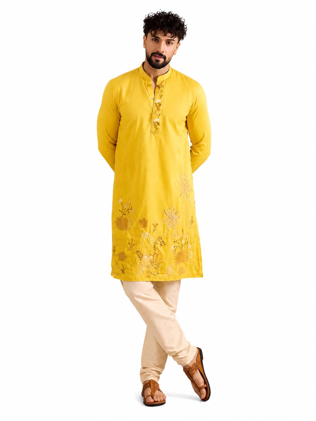 Yellow Chinon Thread Embroidered Mens Kurta Set-image-21