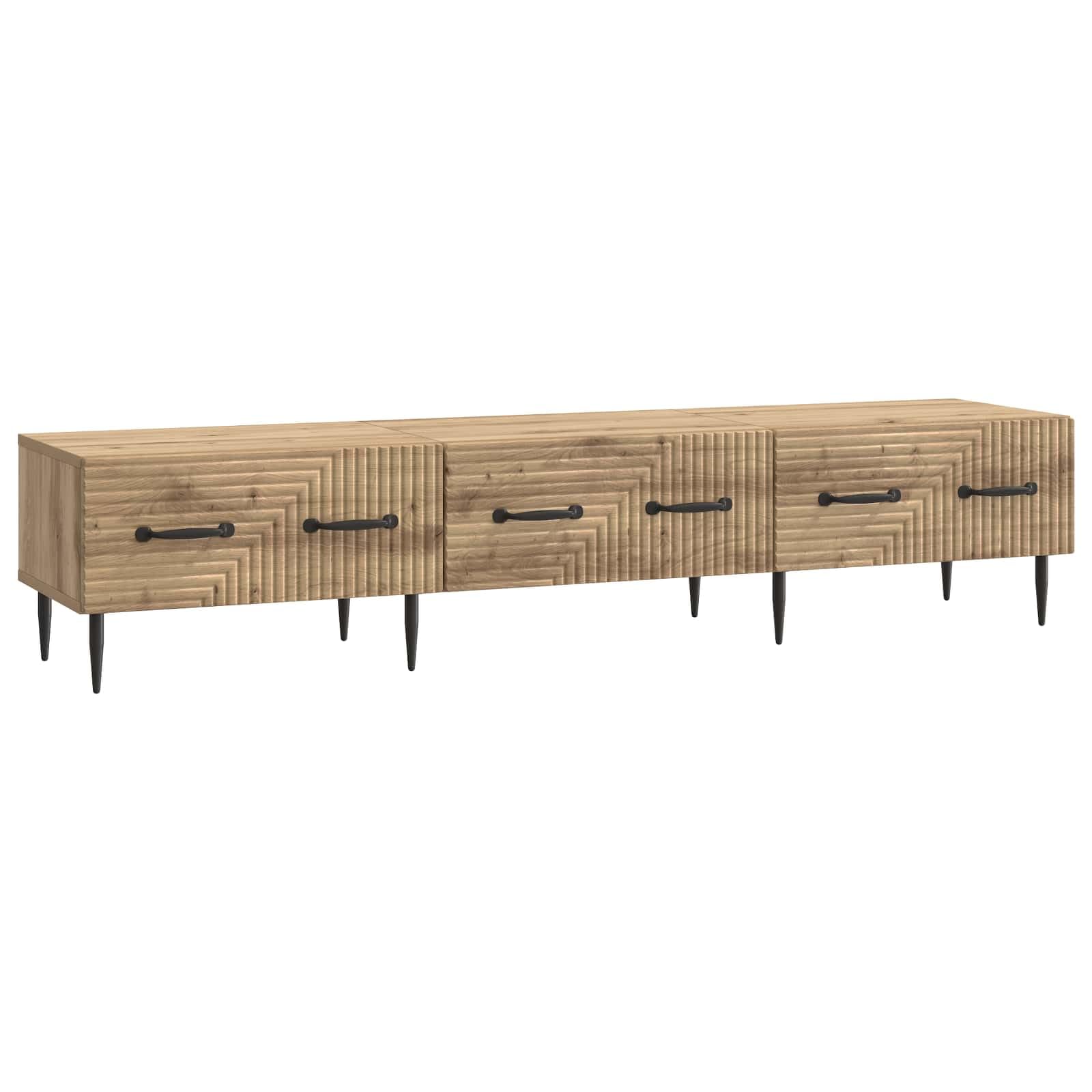 Meuble TV en chêne de 147 cm avec 3 tiroirs et pieds coniques pour salon rétro