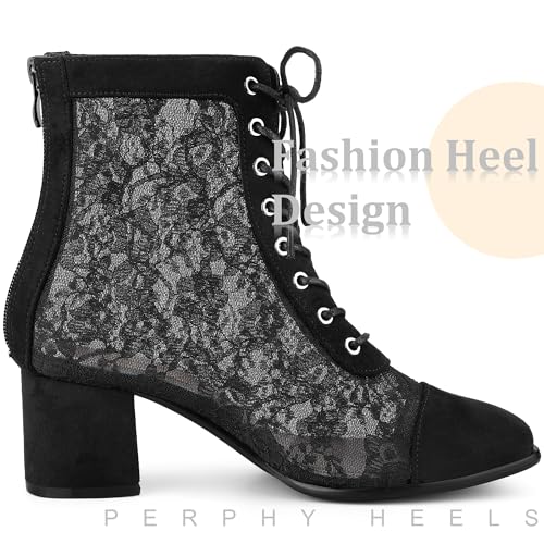 Perphy Square Toe Lace Up Floral Lace Block Heels Ankle Boots for Women4