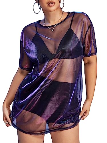 WDIRARA Women's Plus Size Y2K Drop Shoulder See Through Round Neck Short Sleeve Loose Mesh Dress