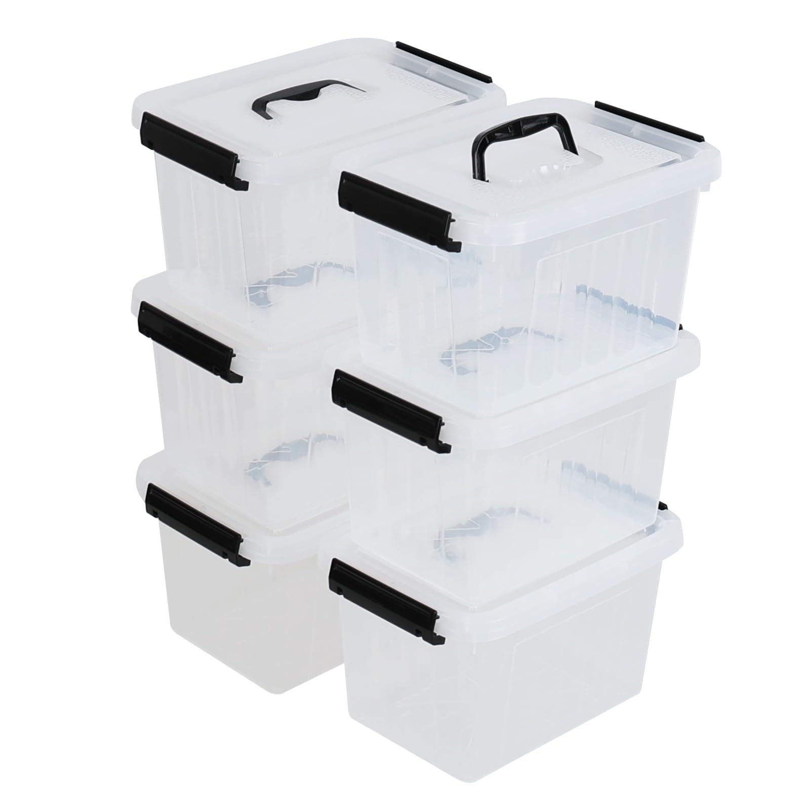 Confezione da 6 contenitori da 6 litri con manico, contenitori con chiusura a scatto e coperchio, organizer impilabile trasparente