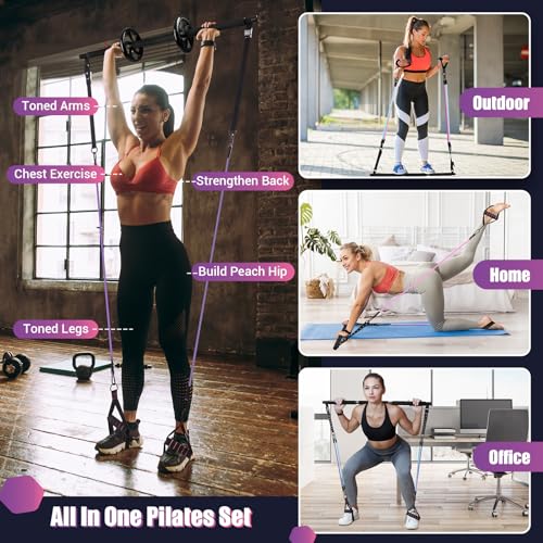 Pilates Bar Kit with Resistance Bands, Multifunctinal Exercise Bar with Ab Roller for Pilates/Abs/Weight Loss, Portable Home Gym Pilates bar kit for Full Body Training Women - Black