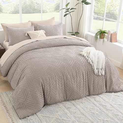 Image of Litanika Queen Comforter Set Rose Grey, 3 Pieces Cream Tufted Boho Farmhouse Bedding Comforter Sets, Lightweight Fluffy Comforter Bed Set for All Season (90x90In Comforter and 2 Pillowcases)