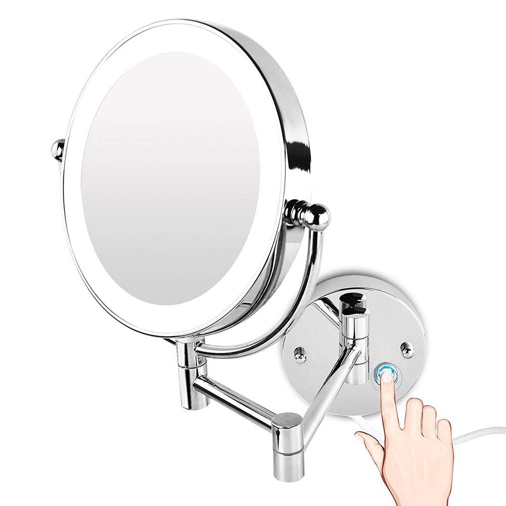 GuyAna Specchio da Barba a LED per Bagno, Specchio cosmetico Girevole su Entrambi i Lati con Montaggio a Parete, ingrandimento 10x, Estensione da 13,7", Luce Regolabile con Pulsante a sfi