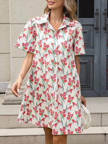 Image of LifeShe Summer Floral Dress Women's Printed Casual Sundress Short Sleeve Button Up Shirt Dresses with Pockets