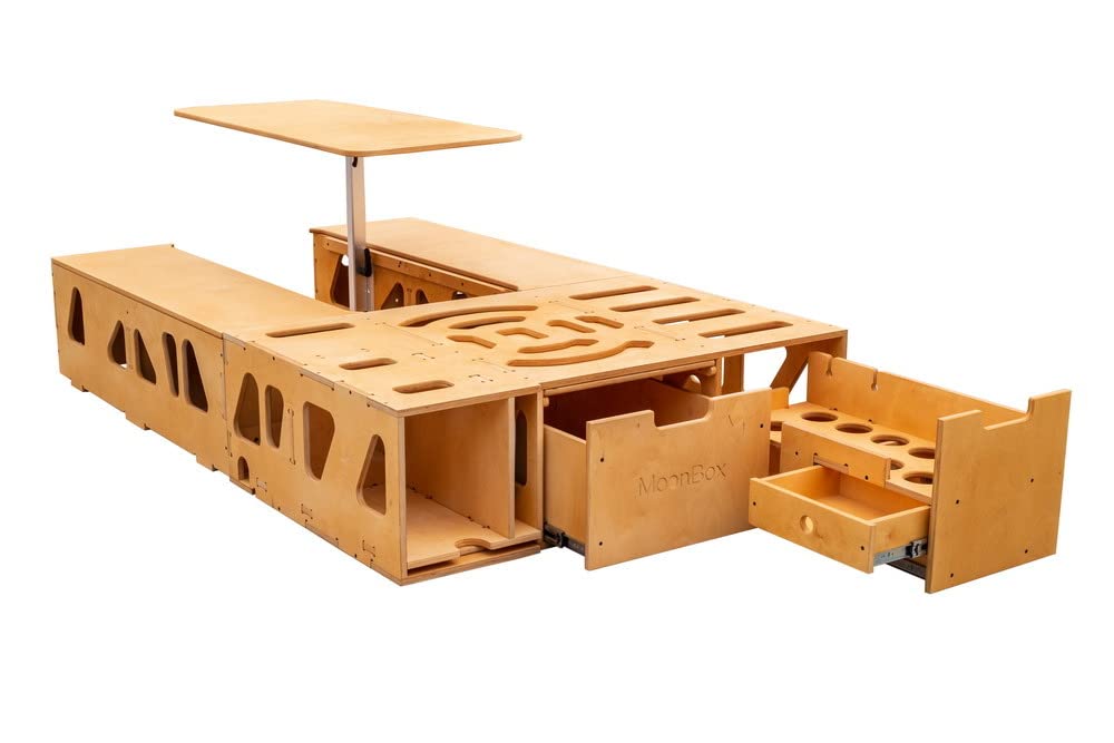 Moonbox Campingbox Modify Van/Bus 115cm Natur | mit Campingküche, Sitzplätze, Tisch, Bettfunktion/Schlafsystem | für Fahrzeuge mit Mind. 115cm Breite im Kofferraum