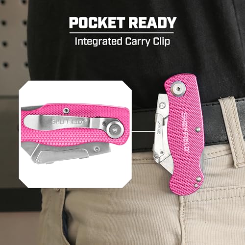 Image of Sheffield 12346 Lock Back Utility Knife 4 Pack with 10 Utility Knife Blades | Box Cutter with Aluminum Texture Grip Handle, Features Pocket Clip, Patented Quick Change Utility Blade Mechanism