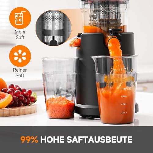 Foto von AOBOSI Entsafter Slow Juicer 126MM XXL Einfüllöffnung,90 RPM, Leiser Kupfermotor, BPA-frei, hohe Saftausbeute, für Gemüse & Obst,Rückwärts-Kau-Funktion– Slow Juicer Testsieger für gesunde Säfte, rosa