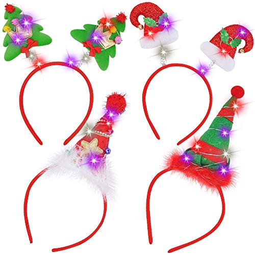 JOYIN 4 Pcs Light-Up Christmas Headbands with LED lights in Santa Hats & Christmas Tree Designs for Christmas Supplies and Holiday Parties Favors (ONE SIZE FITS ALL)