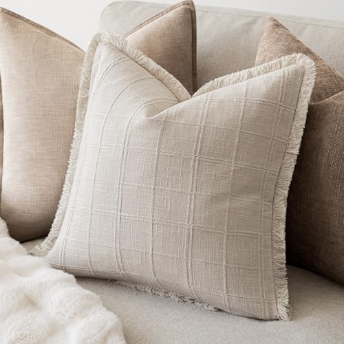 Image of Foindtower Set of 2 Decorative Linen Check Fringe Throw Pillow Covers Farmhouse Vintage Cushion Covers Modern Boho Home Decor for Sofa Chair Couch Bedroom Living Room,18x18 Inch,Natural Beige