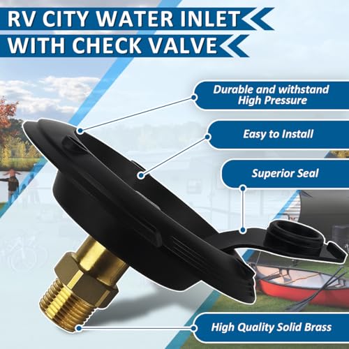Image of RV City Water Inlet with Check Valve, RV Water Fill Inlet Connection with 3 /4 NH Female to 1 /2 NPT Male Lead-free Brass City Water Inlet Flange for RV, RV Water Inlet Replacement