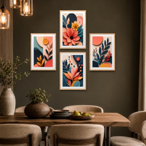Image of Livin'luxe Set of 4 Abstract Botanical Floral Wall Paintings with Sparkle Laminate and Premium Wooden Synthetic Frame for Living Room Bedroom Office Decor (13.5 x 19.5 Inch)