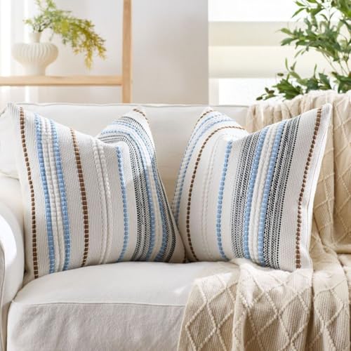 Image of Hopomoon Pack of 2 Boho Cushion Covers,Blue Brown White Striped Farmhouse Decorative Square Textured Woven Pillowcase for Sofa Couch Bed Living Room Decor,45 X 45 cm