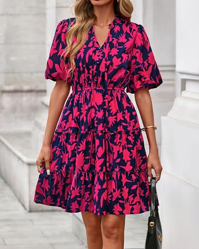 Image of BTFBM Women Summer Floral Short Dresses V Neck Short Sleeve Tiered Ruffle Boho Swing Dress A-Line Mini Dresses