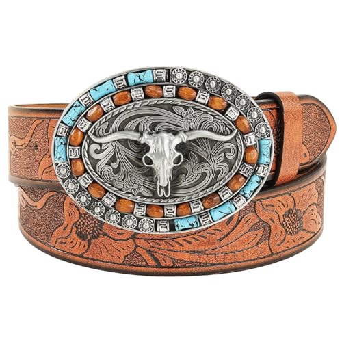 Western Cowboy Genuine Leather Belt, Floral Pattern Engraved Longhorn Bull Buckle Belts