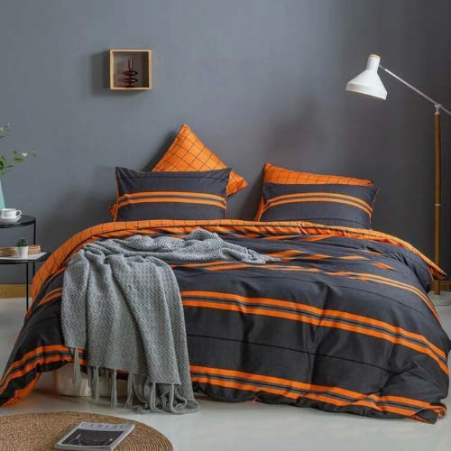 busdealsDEALS FOR LESS - King Size, Duvet Cover, Bedding Set of 6 Pieces, Orange & Grey Stripes Design, 1 Duvet cover + 1 Fitted bedsheet + 4 pillow covers.