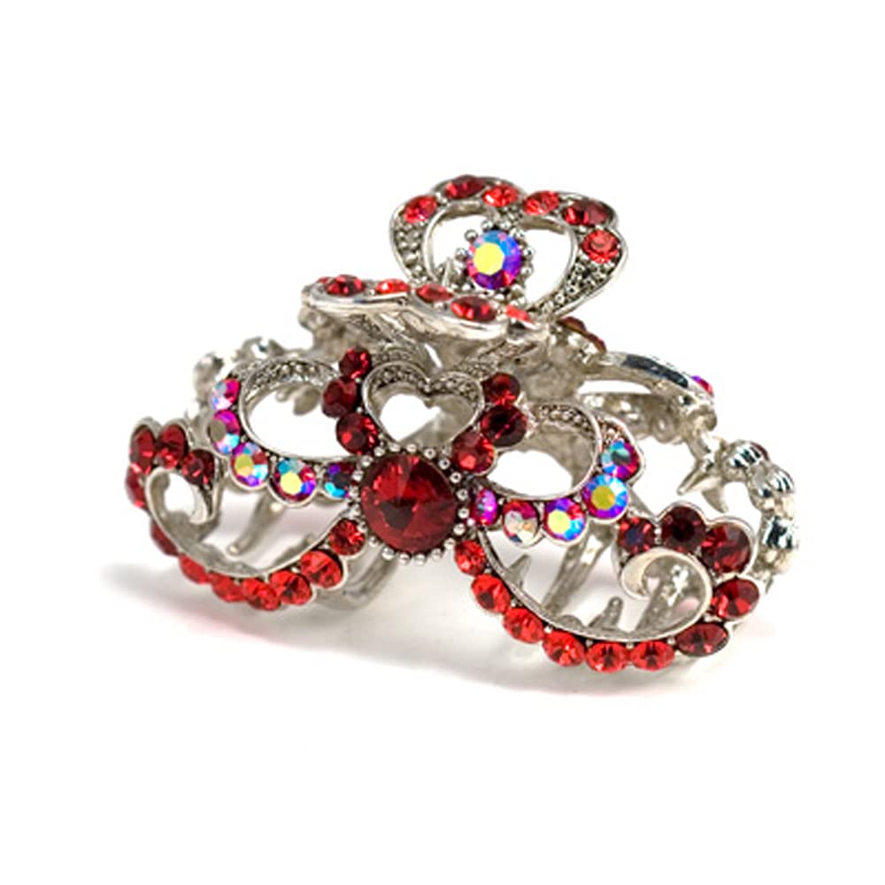 Medium Decorative Hair Jaw Rhinestone Crystal Heart & Ribbon Hair Claw Clips, Red
