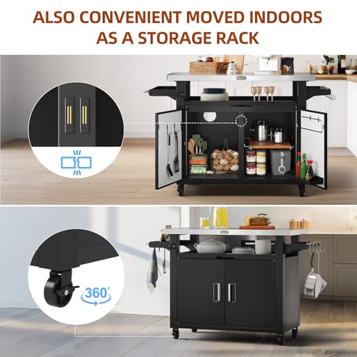 NUUK-Outdoor-Grill-Cart-with-Storage-Cabinet-Metal-Kitchen-Island-Prep-Table-with-Movable-Universal-Wheels-and-Stainless-Steel-Top-for-Outside-BBQ-Backyard-Include-Hooks-Spice-Rack NUUK Outdoor Grill Cart with Storage Cabinet Metal Kitchen Island Prep Table with Movable Universal Wheels and Stainless Steel Top for Outside BBQ Backyard Include Hooks Spice Rack