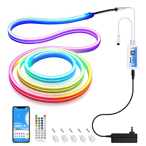 Aclorol Neon Sign Neon Light Ws2811 Addressable Led Neon Rope Strip Lights Flexible Rgb Dream Color 2M For Bedroom Wall Party Lighting Gift Advertising Signs, Bluetoooth Controller, 12V Power Supply #TOP22