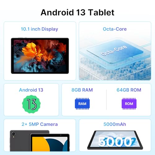 Image of Android 13 Tablet, 10.1-inch Android Tablet HD Display, 64GB ROM, 8 GB RAM, 512GB Expandable Storage, Octa-Core Processor, Dual Cameras, 5000mAh Battery, WiFi & Bluetooth, Space Gray