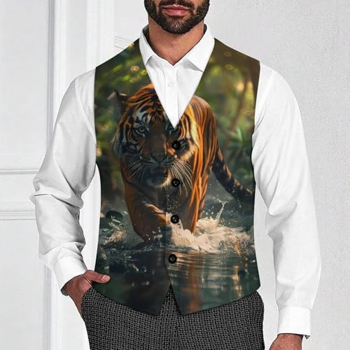 Green Forests Tiger Men's Suit Vest Waistcoat Vests Formal Dress with 2 Pockets for Business Casual Tuxedo2