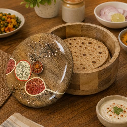 Image of Artysta 'Cherry Blossom' Wooden Chapati Box | Wooden Casserole For Roti | Chapati Box For Kitchen | Roti Box with Lid | Housewarming Gifts | Handpainted Roti Box | Mango Wood 8inch, 1080ml