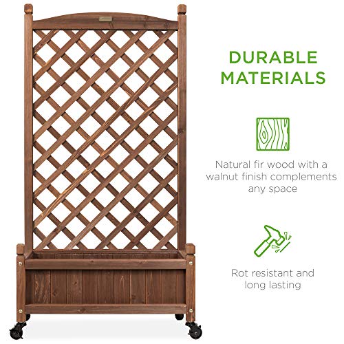 Best Choice Products 48in Wood Planter Box & Diamond Lattice Trellis, Mobile Outdoor Raised Garden Bed for Climbing Plants w/Drainage Holes, Optional Wheels - Walnut