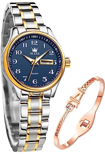 OLEVS Damenuhren Gold Silber Blau Leicht zu Lesen Armbanduhren für Damen mit Kleines Gesicht Tag Datum Edelstahlband wasserdichte