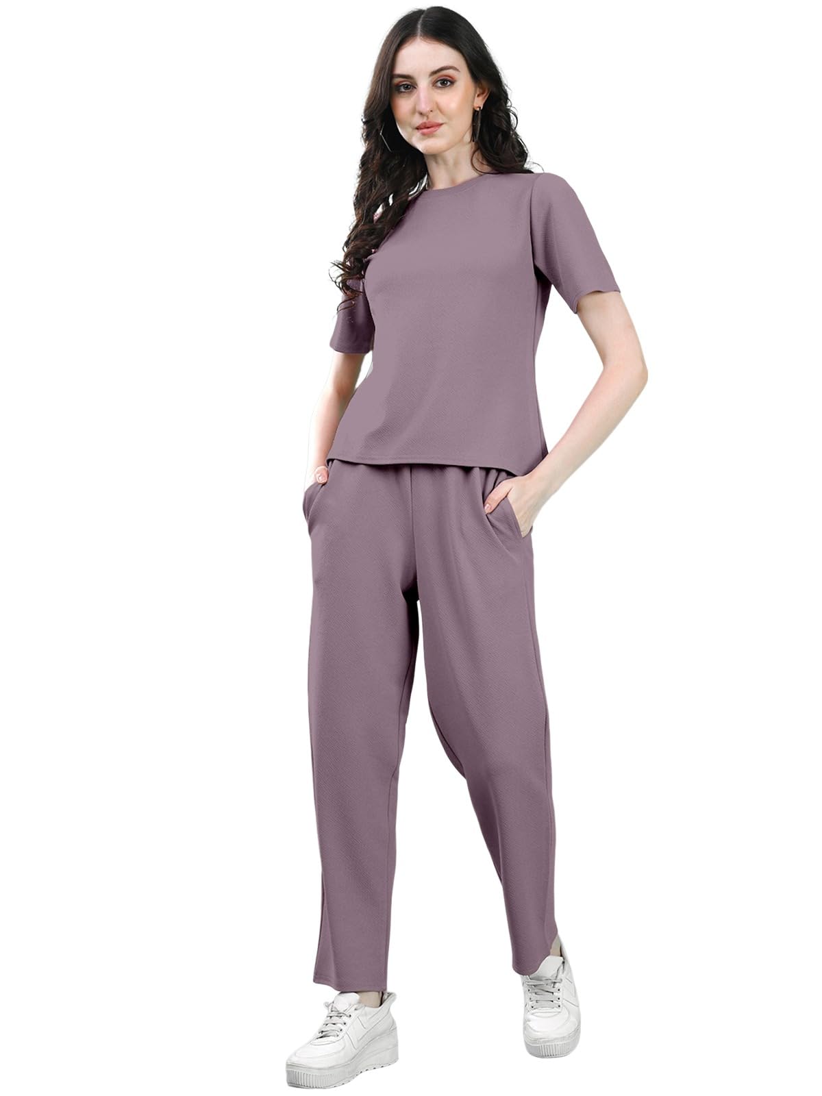 Selvia Co-Ords Set For Women|Lycra Top & Trouser Set|Casual Co-Ords Set For Women|Solid Two Piece Co-Ord Set|Sports Wear Co-Ords Set(707Ctk11665N-S_Mauve)