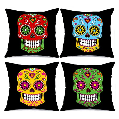 Tucocoo – Lot de 4 housses de coussin carrées décoratives imprimées tête de mort et fleur, pour canapé, voiture, lit, décoration d'intérieur, cadeaux, 45 x 45 cm